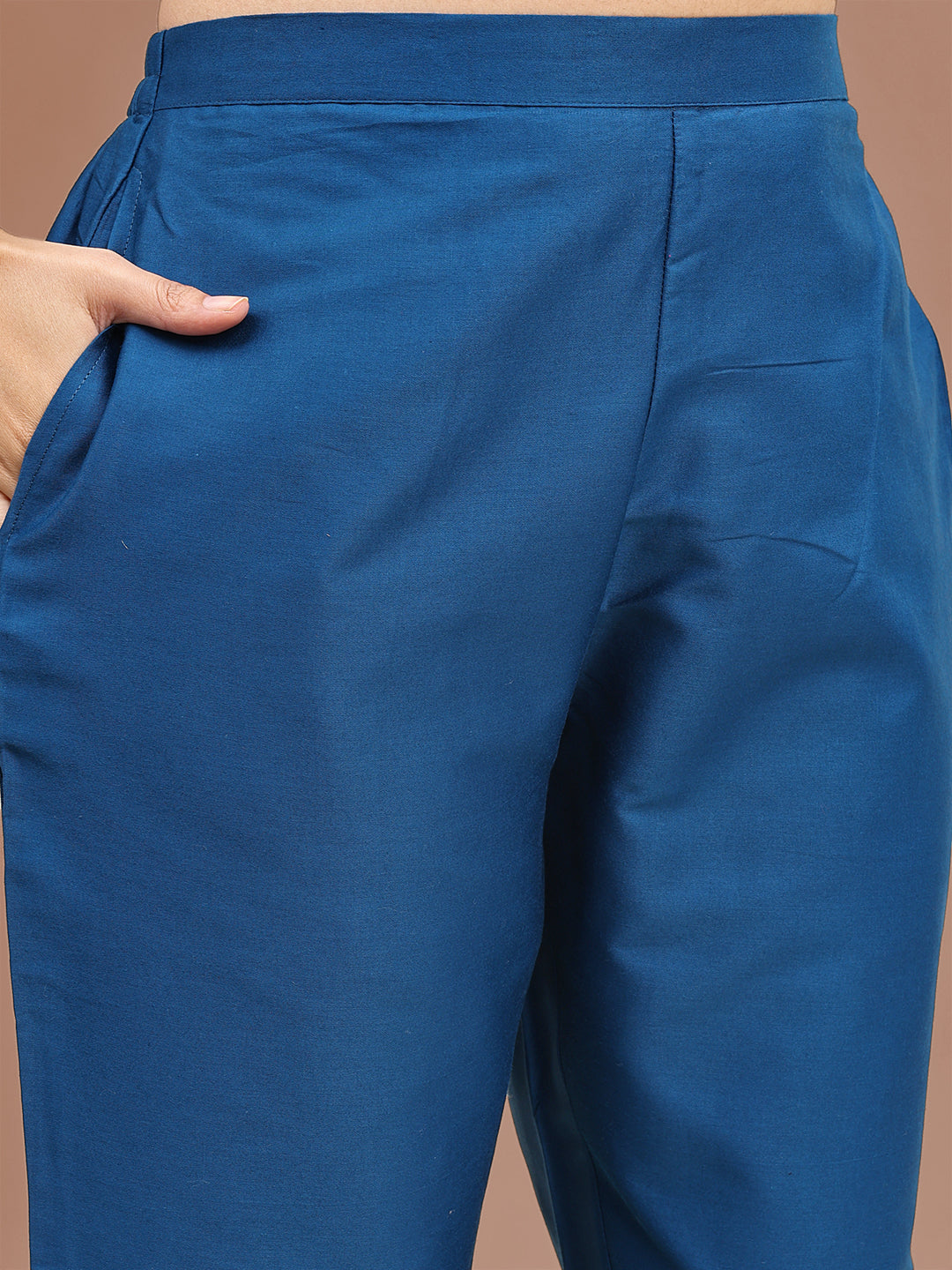 Teal Colored Cotton Blend Embroidered Yoke & Pleats Tunic With Co-ord Set